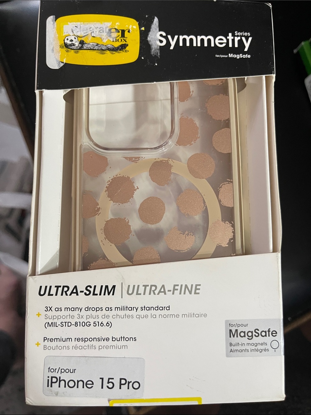 OtterBox Symmetry Series Clear Case with Rose Gold Polka Dots for iPhone 15 Pro